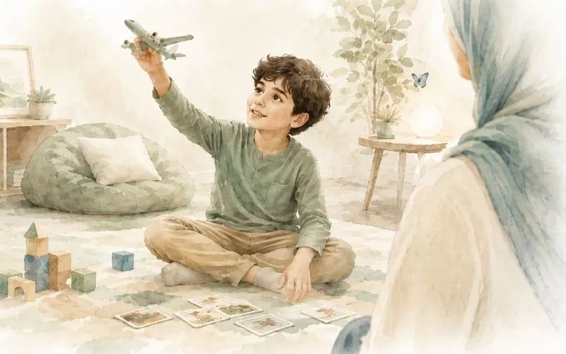 Illustrated watercolour scene of a child playing with toys during a play therapy session, representing the gentle, play-based space Zaynab offers at Discovery Family Therapy