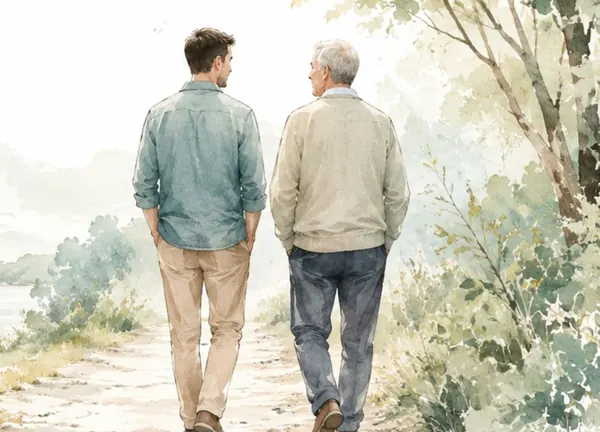 Watercolour illustration of a younger man and an older man walking together along a bush path
