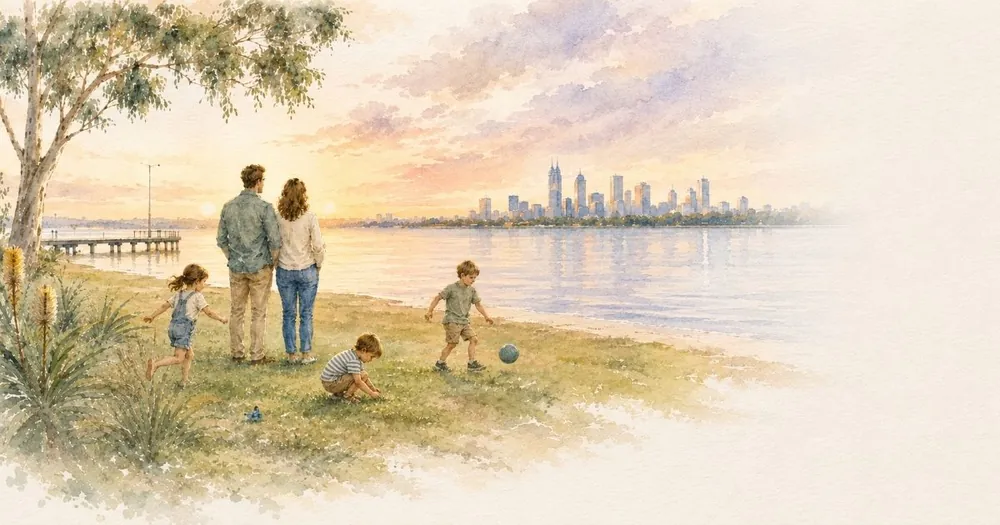 Watercolour illustration of a family on the Swan River foreshore at sunset, with the Perth city skyline across the river