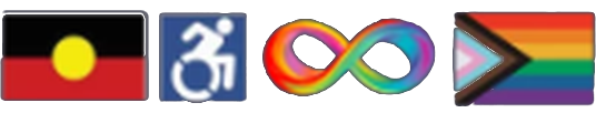 Aboriginal flag, accessibility symbol, neurodiversity infinity symbol and Progress Pride flag