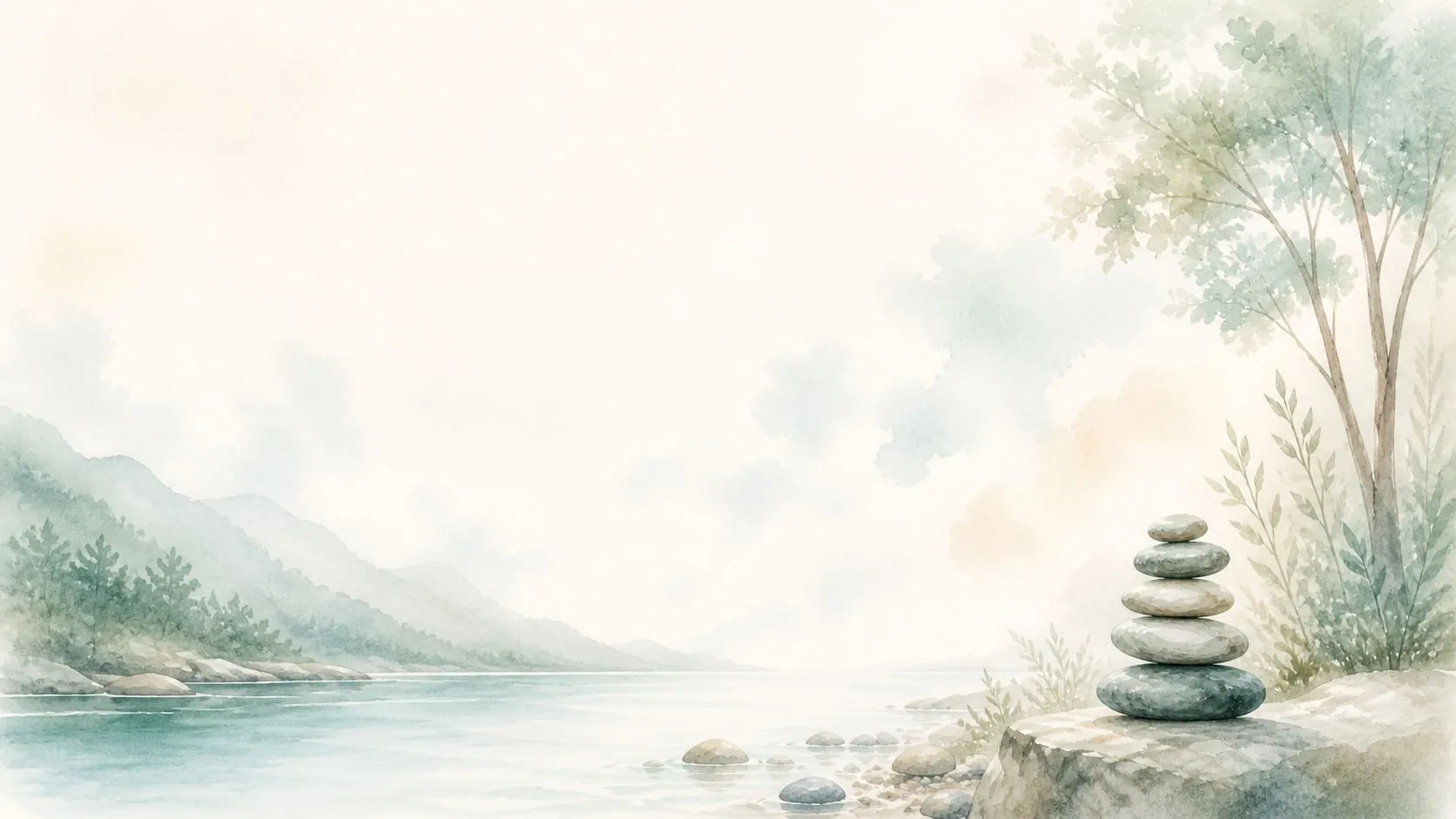 Watercolour painting of a still river, misty hills and a stack of balanced stones, representing the calm of the grief support group.