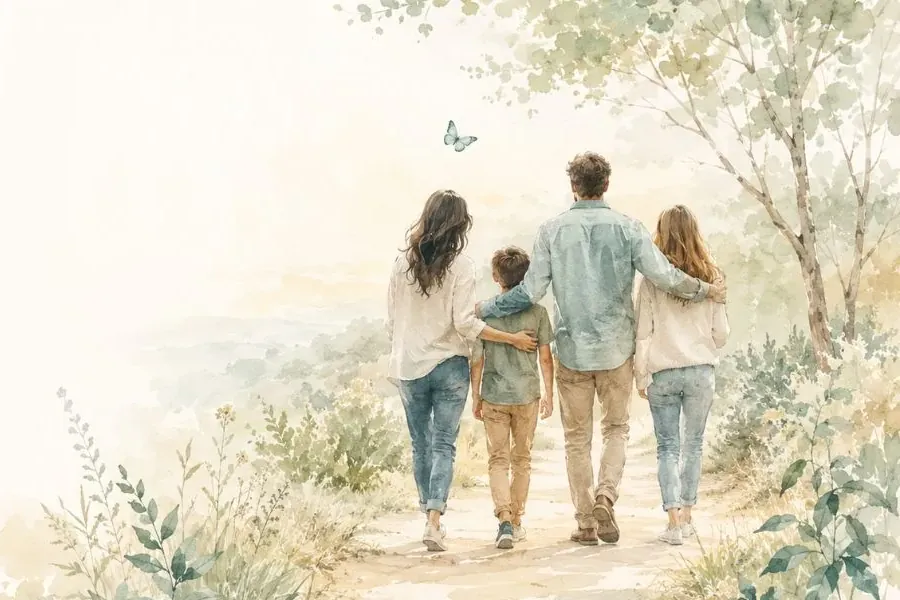 Watercolour illustration of a family walking together along a bush path, with a small blue butterfly overhead